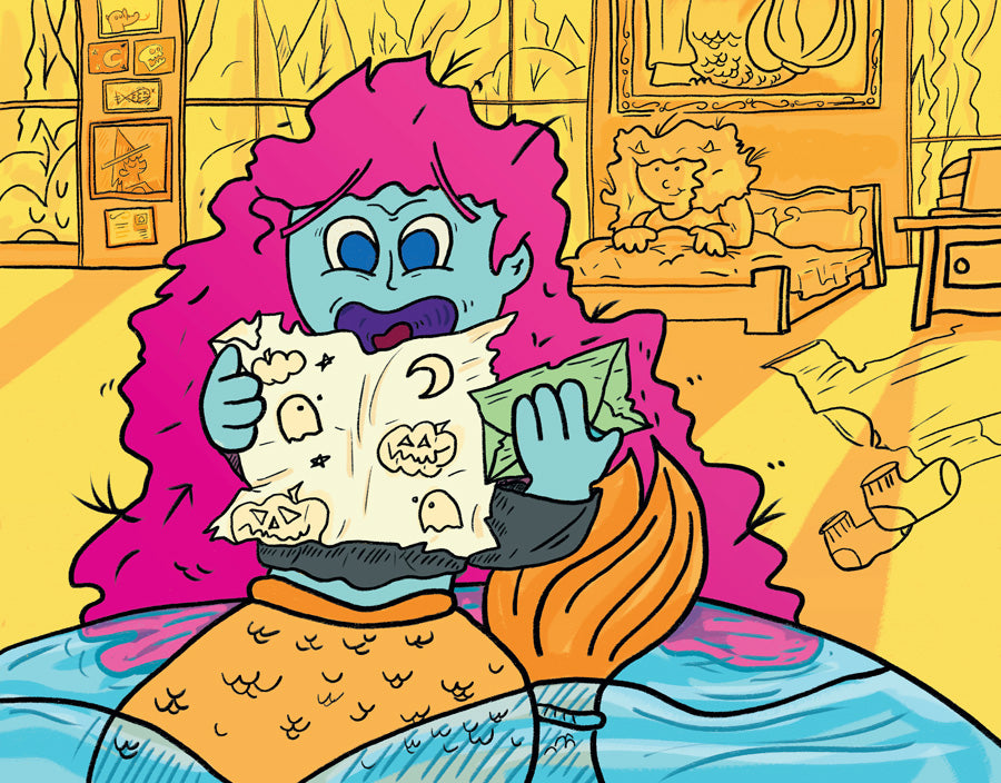 A mermaid reading a spooky letter.